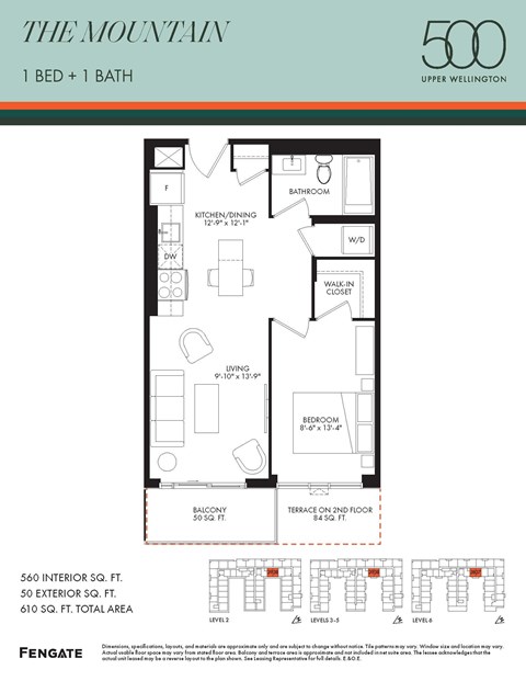 Floor plan for 1 bed, 1 bath, 560 sqft